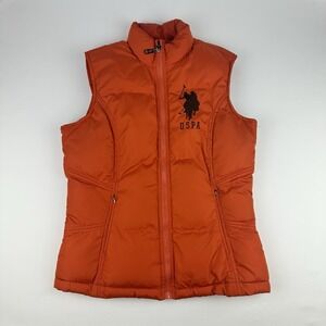 U.S. Polo Assn Orange Full Zip Puffer Vest‎ Sz M w/Large Polo player Logo